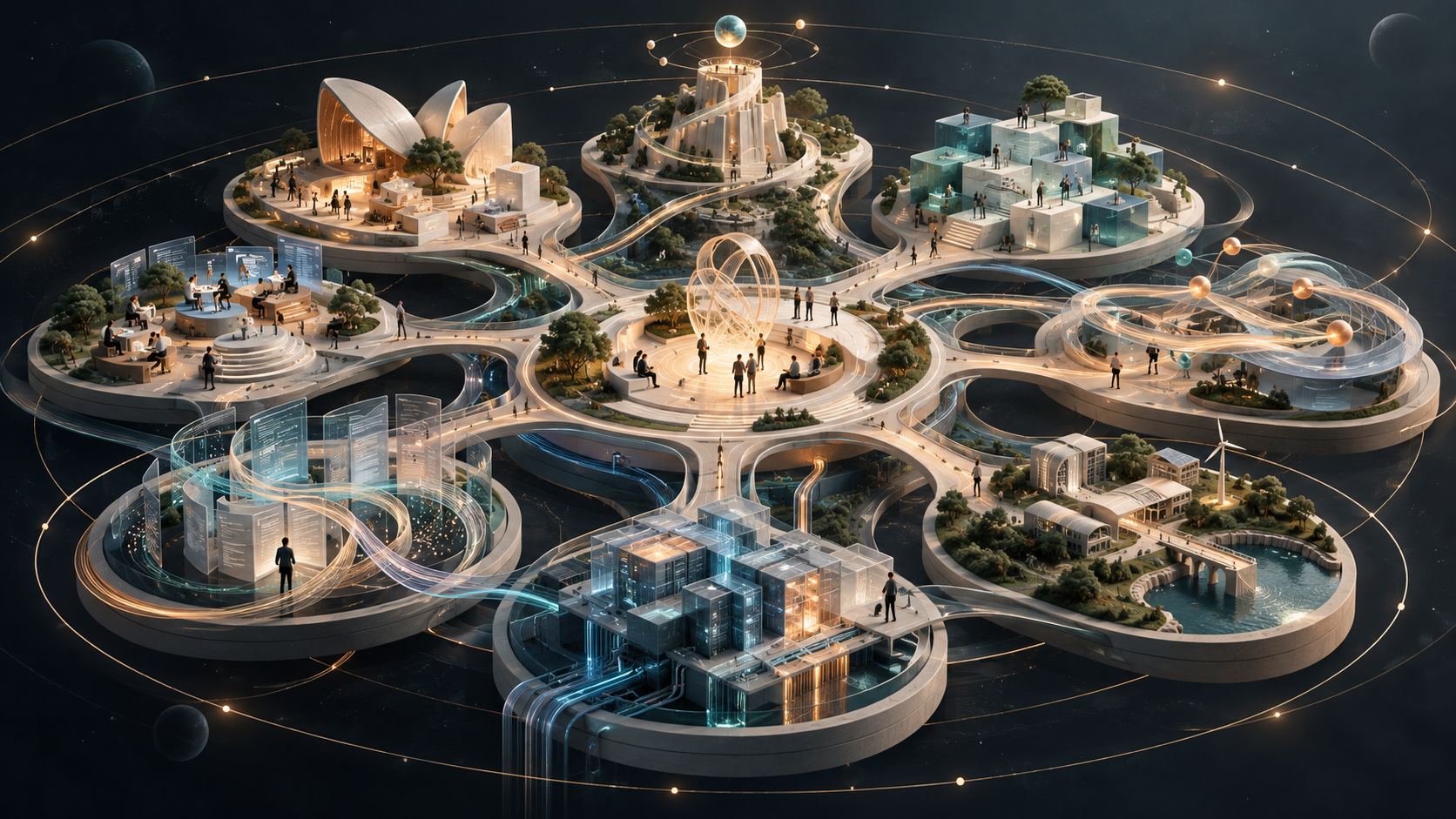 Illustration of an enterprise as connected circular platforms linked by walkways, each platform showing a different perspective such as people at work, information, systems, and physical assets.