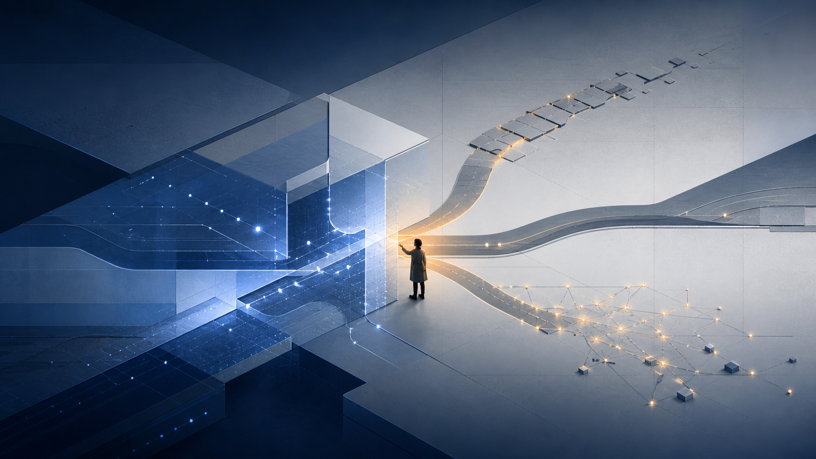 A person standing at the boundary of a digital system as three paths extend outward